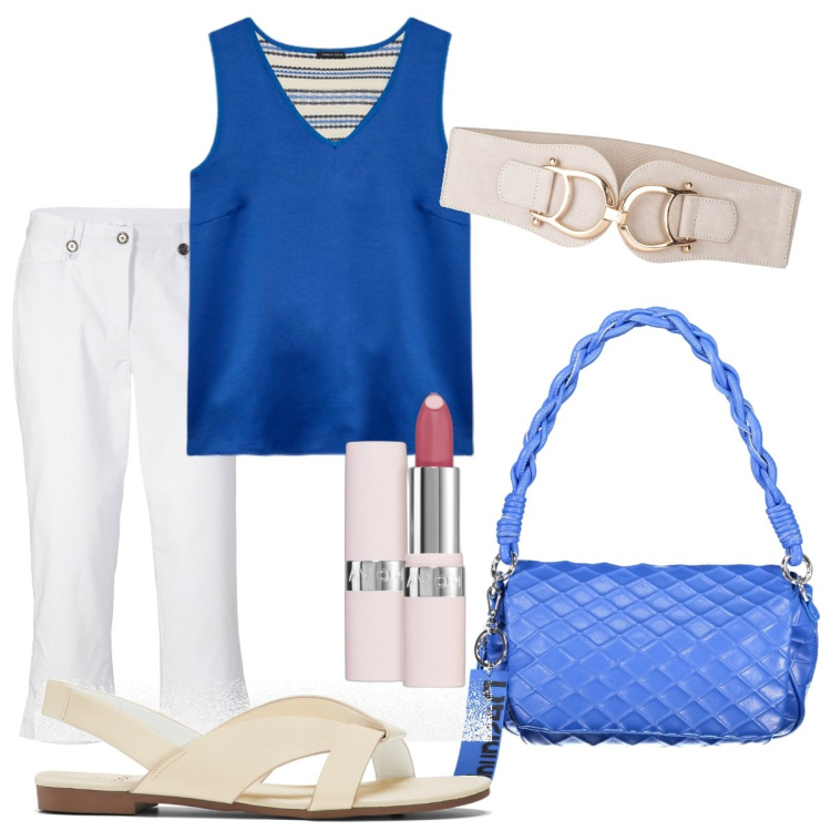 Outfit donna - I pantaloni capri. Stile Casual chic per Tutti i giorni. Abbinamento con pantaloni capri, sandali, cinture, rossetti, top, borse a spalla.