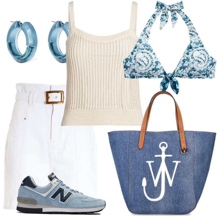 Outfit donna - Viaggio in yatch. Stile Casual chic per Mare. Abbinamento con sneakers, bermuda, top, canottiere, orecchini, shopping bag.