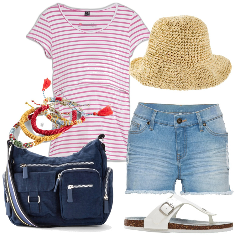 Outfit donna - Casual lungo mare. Stile Casual per Mare. Abbinamento con borse a tracolla, infradito, cappelli, maglieria, shorts, braccialetti.
