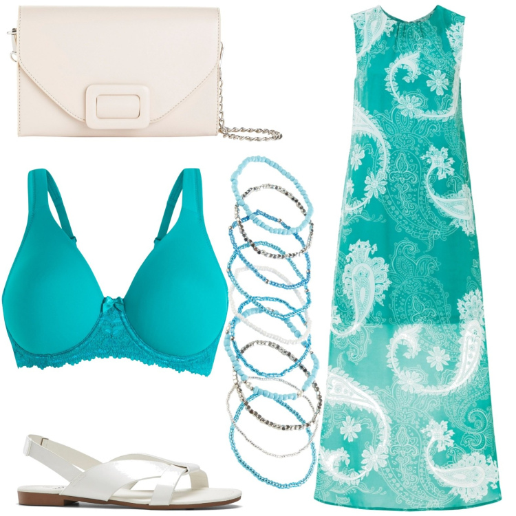 Outfit donna - Elegante in azzurro chiffon. Stile Chic per Serata fuori. Abbinamento con sandali, vestiti lunghi, reggiseni, braccialetti, pochette.