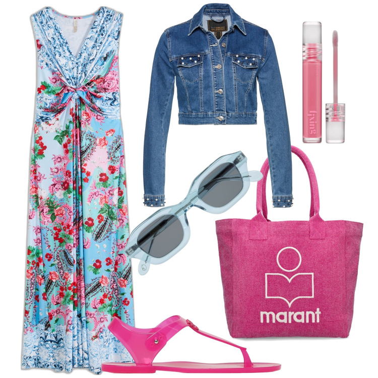 Outfit donna - Il giubbino se rinfresca. Stile Trendy per Tutti i giorni. Abbinamento con vestiti lunghi, blazer, rossetti, occhiali da sole, sandali, shopping bag.