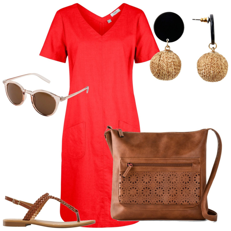 Outfit donna - Il vestito rosso. Stile Casual per Tutti i giorni. Abbinamento con borse a tracolla, orecchini, occhiali da sole, vestiti midi/longuette, ciabatte.