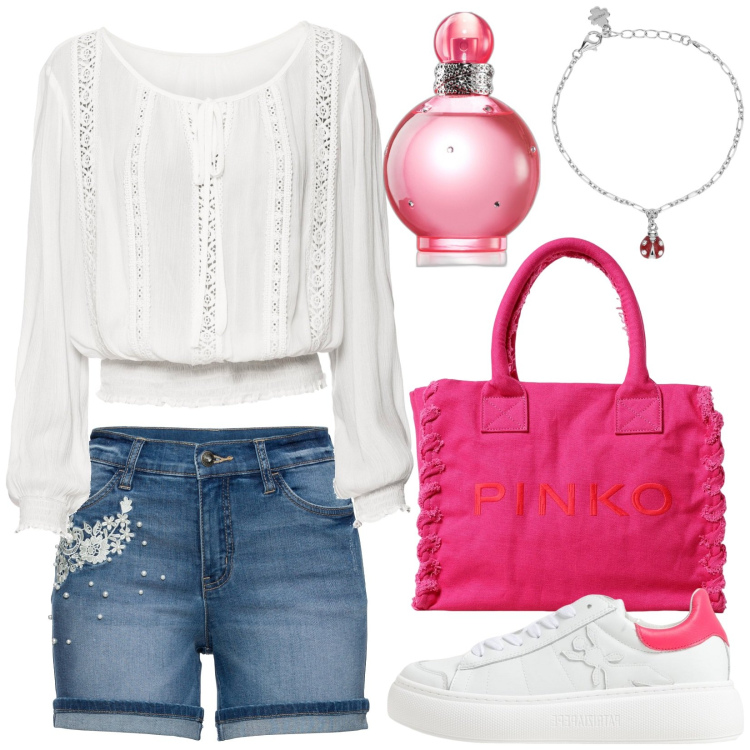 Outfit donna - Total look #1927431. Stile Casual per Tutti i giorni. Abbinamento con shorts, bluse, profumi, braccialetti con ciondoli, sneakers, borse tote.