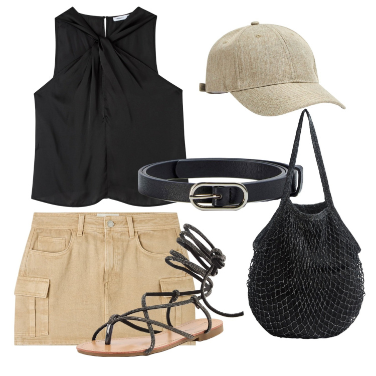 Outfit donna - Vacanze in mini. Stile Military per Tutti i giorni. Abbinamento con minigonne, top, borse a tracolla, cappelli, cinture, sandali alla schiava.