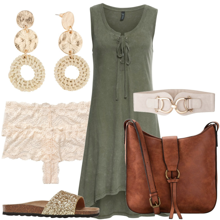 Outfit donna - Fresca e comoda. Stile Casual per Tutti i giorni. Abbinamento con vestiti asimmetrici, borse a tracolla, ciabatte, orecchini, cinture, slip.