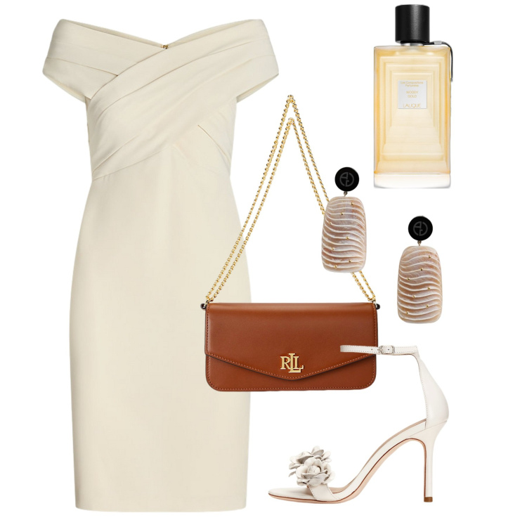 Outfit donna - Con classe. Stile Chic per Cerimonia. Abbinamento con profumi, vestiti, sandali in pelle, borse a spalla, orecchini.