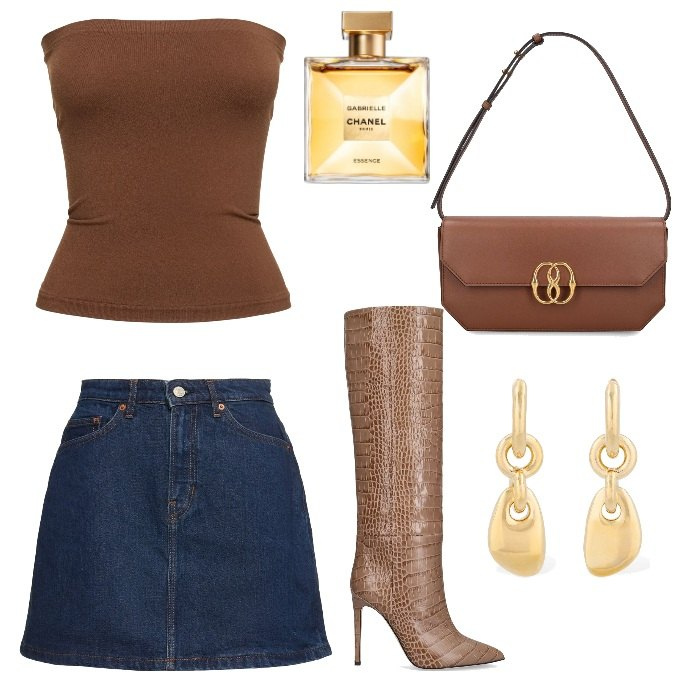 Outfit donna - Total look #1927459. Stile Trendy per Serata fuori. Abbinamento con profumi, borse a spalla, stivali, orecchini, minigonne, top.