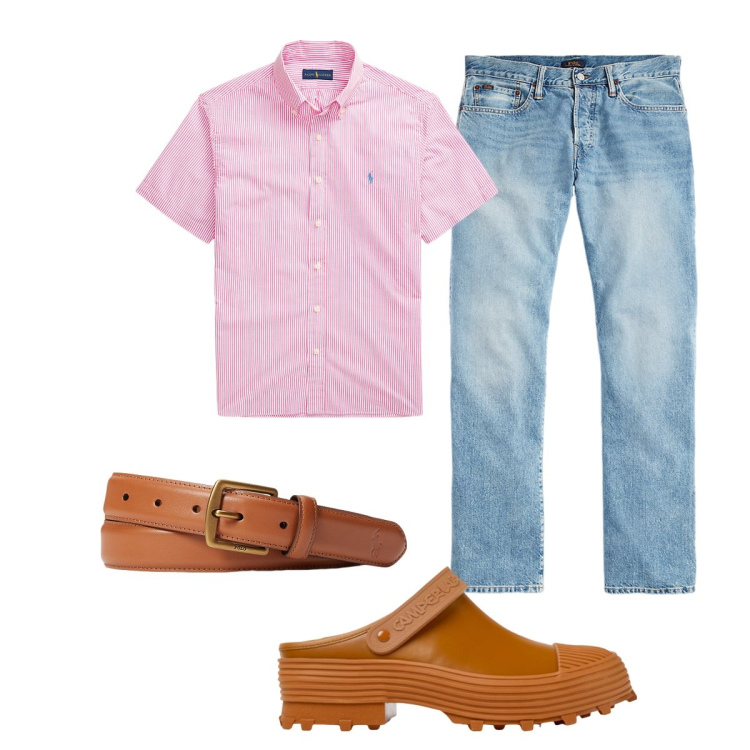 Outfit uomo - Total look #1927461. Stile Trendy per Ufficio. Abbinamento con cinture, jeans, camicie a manica corta, sandali.