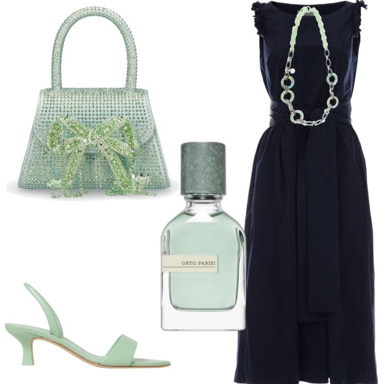 Outfit donna - Verde acqua. Stile Chic per Serata fuori. Abbinamento con profumi, borse a mano, vestiti, sandali in pelle, collane.