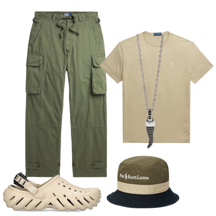 Outfit uomo - Total look #1927480. Stile Trendy per Tutti i giorni. Abbinamento con collane, t-shirt, cappelli, pantaloni cargo, sandali.