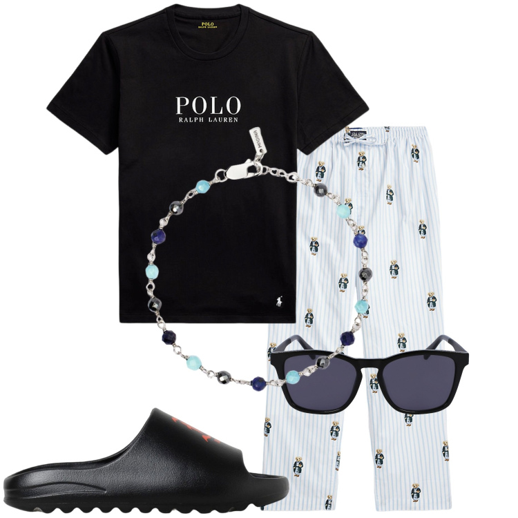 Outfit uomo - Controcorrente. Stile Trendy per Tutti i giorni. Abbinamento con braccialetti, t-shirt, pantaloni, occhiali da sole, sandali.