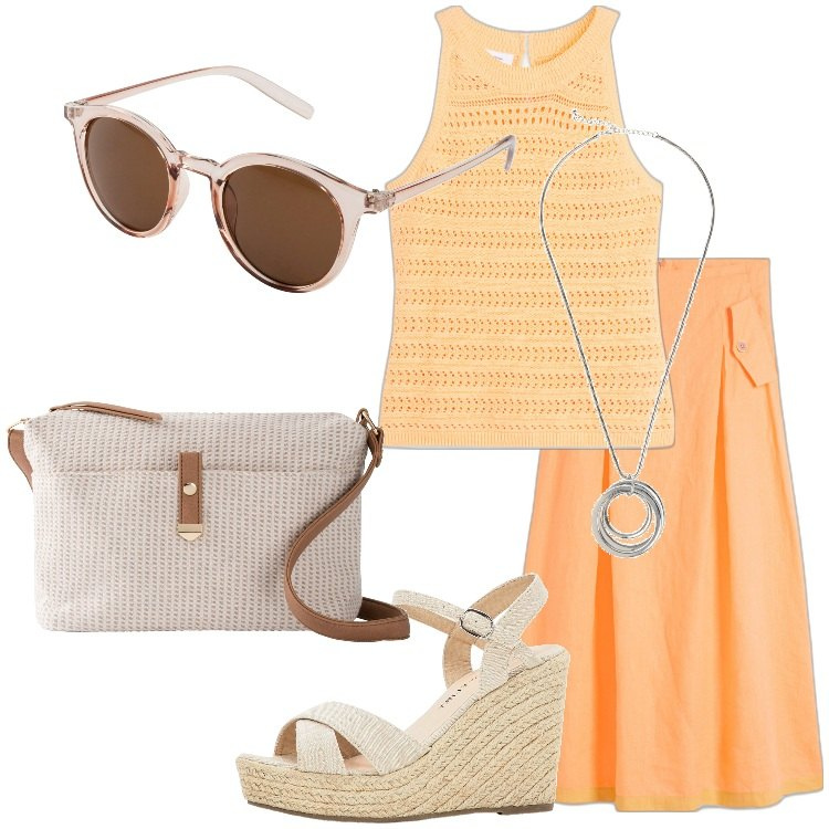 Outfit donna - Summer Essentials. Stile Casual chic per Tutti i giorni. Abbinamento con occhiali da sole, sandali, gonne, top, borse a tracolla, collane.
