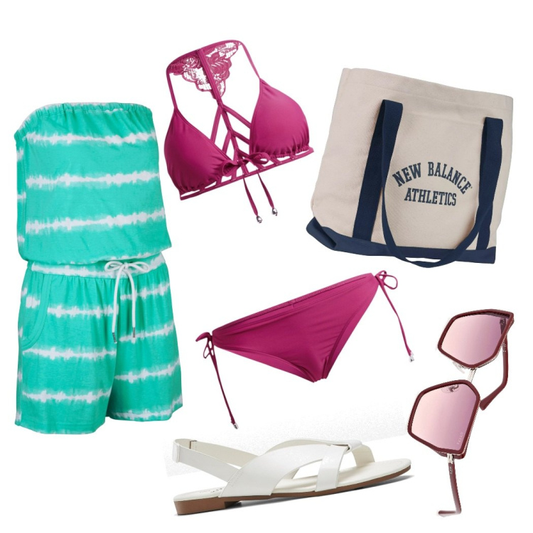 Outfit donna - Pizza e bagno. Stile Casual per Mare. Abbinamento con sandali, bikini, tuta corta, borse tote, occhiali da sole.