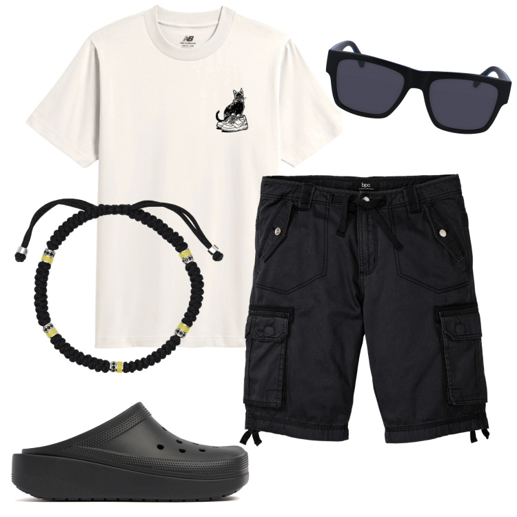 Outfit uomo - Basico. Stile Casual per Tutti i giorni. Abbinamento con bermuda, braccialetti, t-shirt, occhiali da sole, sandali.