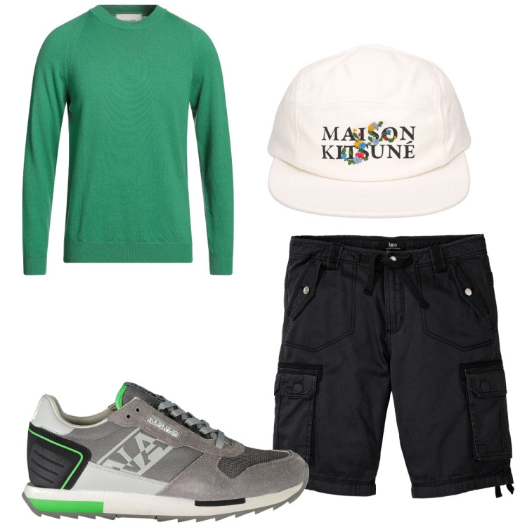 Outfit uomo - Total look #1927506. Stile Trendy per Tutti i giorni. Abbinamento con bermuda, pullovers, cappelli, sneakers.