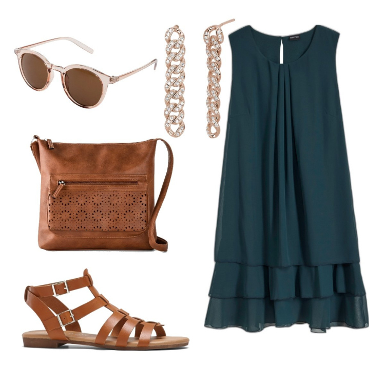 Outfit donna - L’abito blu fresco. Stile Minimal per Tutti i giorni. Abbinamento con borse a tracolla, occhiali da sole, vestiti, sandali, orecchini.
