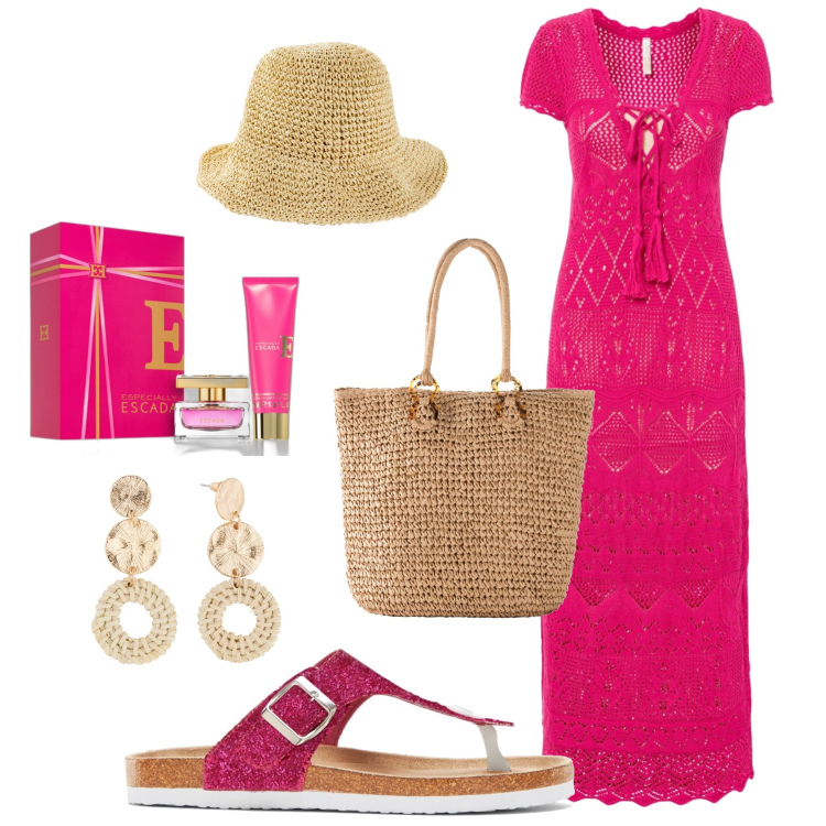 Outfit donna - Fucsia e paglia tra le bancarelle. Stile Trendy per Tutti i giorni. Abbinamento con cappelli, orecchini, vestiti, shopping bag, infradito, profumi.