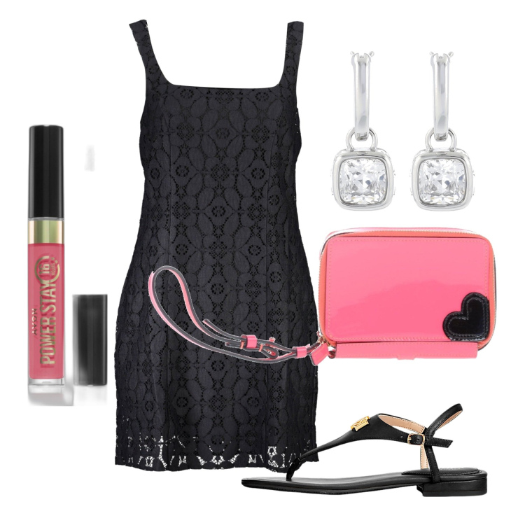 Outfit donna - Serata. Stile Chic per Serata fuori. Abbinamento con borse a mano, rossetti, sandali in pelle, vestiti corti, orecchini.