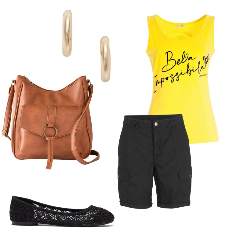 Outfit donna - Pomeriggio con le ballerine. Stile Basic per Tutti i giorni. look ideale per Petite. Abbinamento con borse a tracolla, ballerine, shorts, canottiere, orecchini.