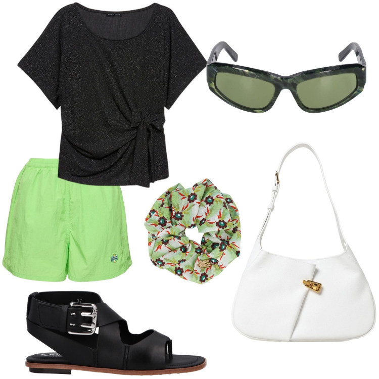 Outfit donna - La maglia con il fiocco. Stile Basic per Tutti i giorni. look ideale per Petite. Abbinamento con infradito, t-shirt, accessori per capelli, shorts, occhiali da sole, borse a spalla.