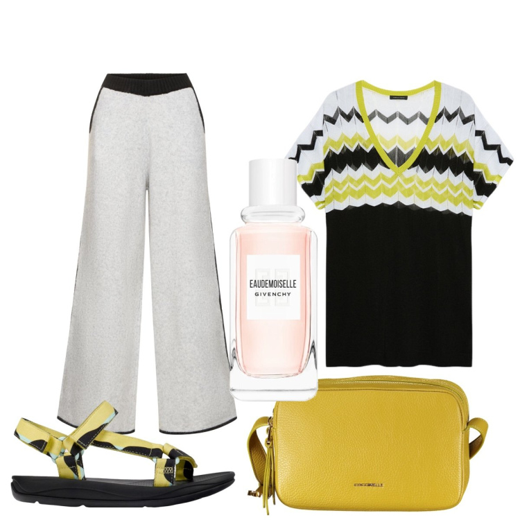 Outfit donna - Total look #1927549. Stile Casual chic per Tutti i giorni. Abbinamento con profumi, maglieria, pantaloni, borse a tracolla, sandali.