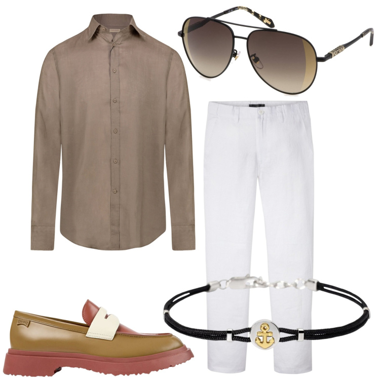 Outfit uomo - Con i pantaloni bianchi. Stile Urban per Serata speciale. Abbinamento con pantaloni, braccialetti, camicie, occhiali da sole, scarpe stringate.