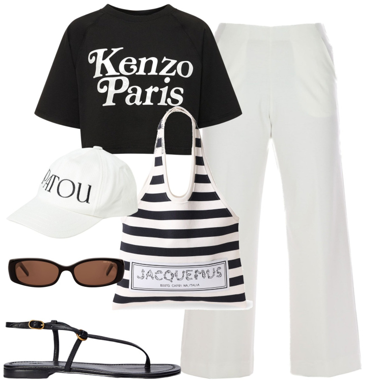 Outfit donna - Street style. Stile Casual chic per Tutti i giorni. Abbinamento con sandali in pelle, t-shirt, pantaloni, occhiali da sole, borse tote, cappelli.