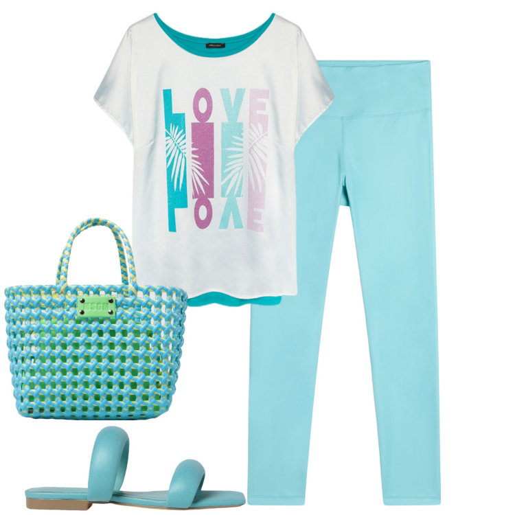 Outfit donna - Luglio. Stile Casual chic per Tutti i giorni. Abbinamento con treggings, t-shirt, borse tote, sandali in pelle.