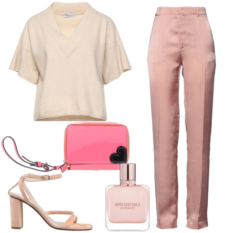 Outfit donna - Irresistibile. Stile Chic per Serata fuori. Abbinamento con sandali in pelle, pantaloni, pullovers, borse a mano, profumi.