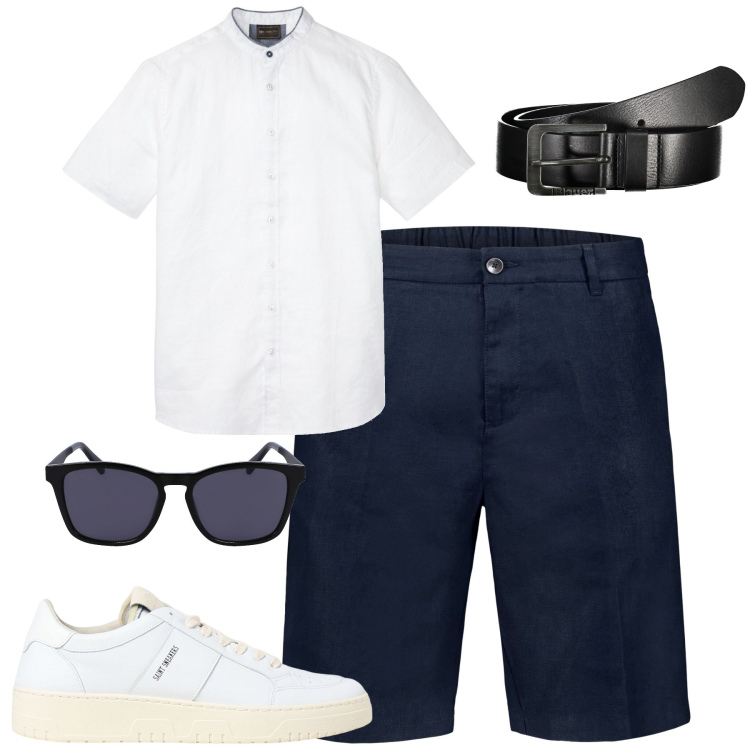 Outfit uomo - City. Stile Urban per Tutti i giorni. Abbinamento con camicie a manica corta, cinture, occhiali da sole, bermuda, sneakers.