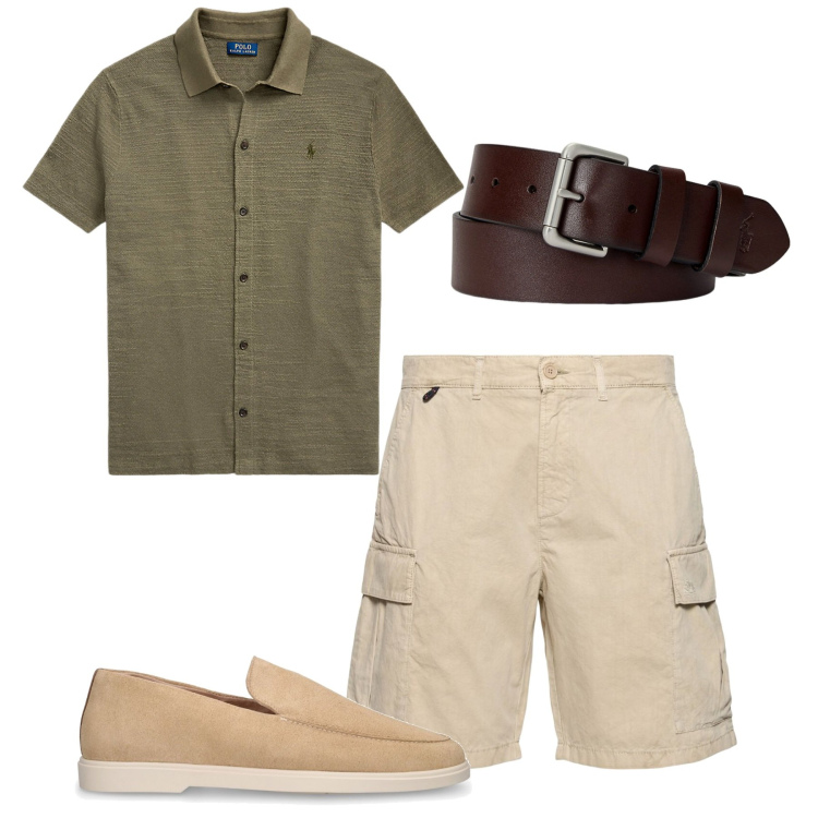 Outfit uomo - Total look. Stile Casual per Tutti i giorni. Abbinamento con cinture, maglieria, shorts, scarpe stringate.