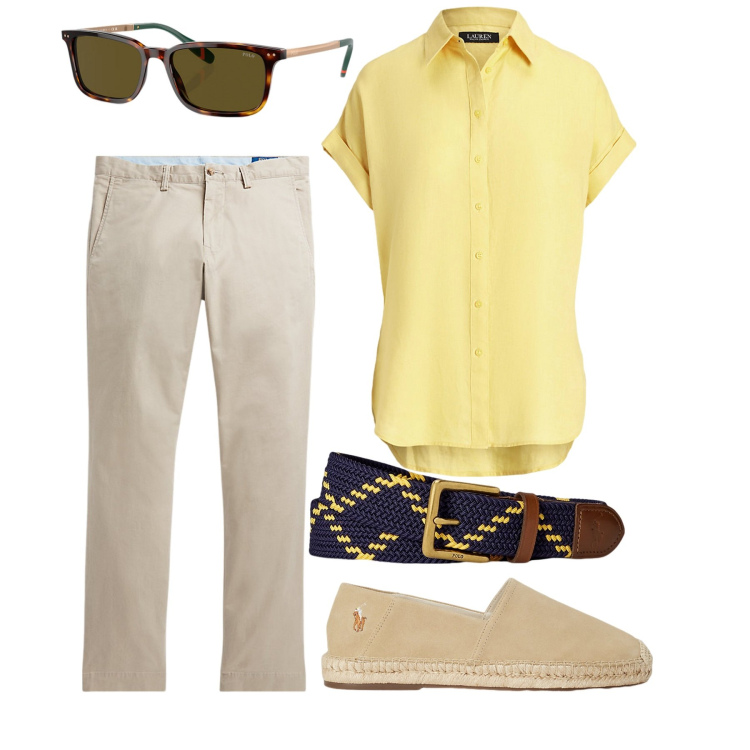 Outfit uomo - Mattinata. Stile Casual per Tutti i giorni. Abbinamento con pantaloni, espadrillas, camicie a manica corta, occhiali da sole, cinture.