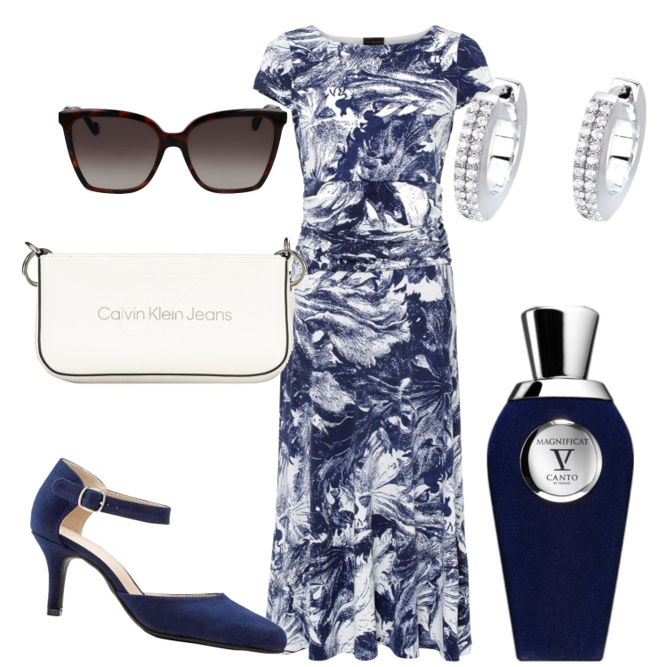 Outfit donna - Daily chic. Stile Chic per Tutti i giorni. Abbinamento con décolleté, vestiti, profumi, orecchini, occhiali da sole, borse a spalla.