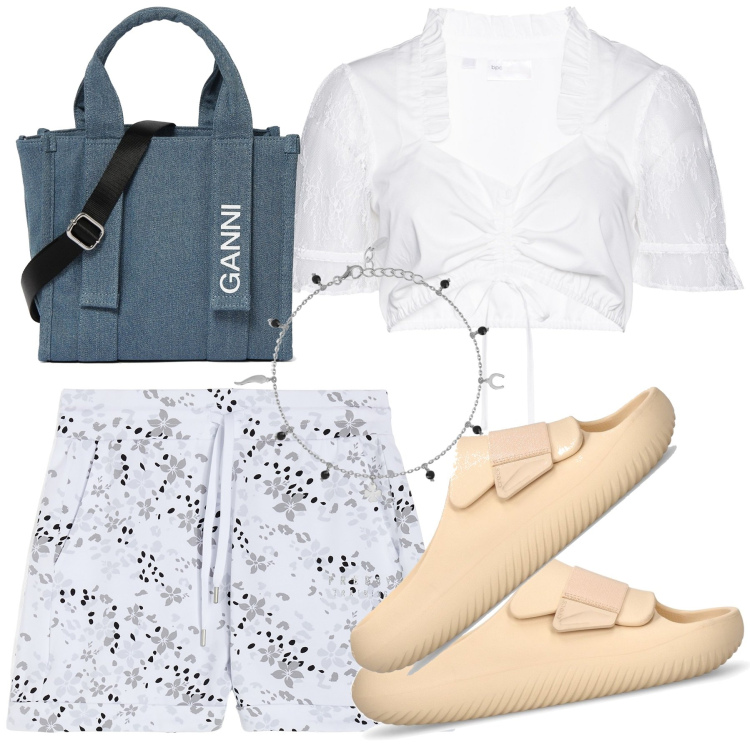 Outfit donna - Città di mare. Stile Preppy per Mare. Abbinamento con camicie, braccialetti con ciondoli, shorts, shopping bag, ciabatte.