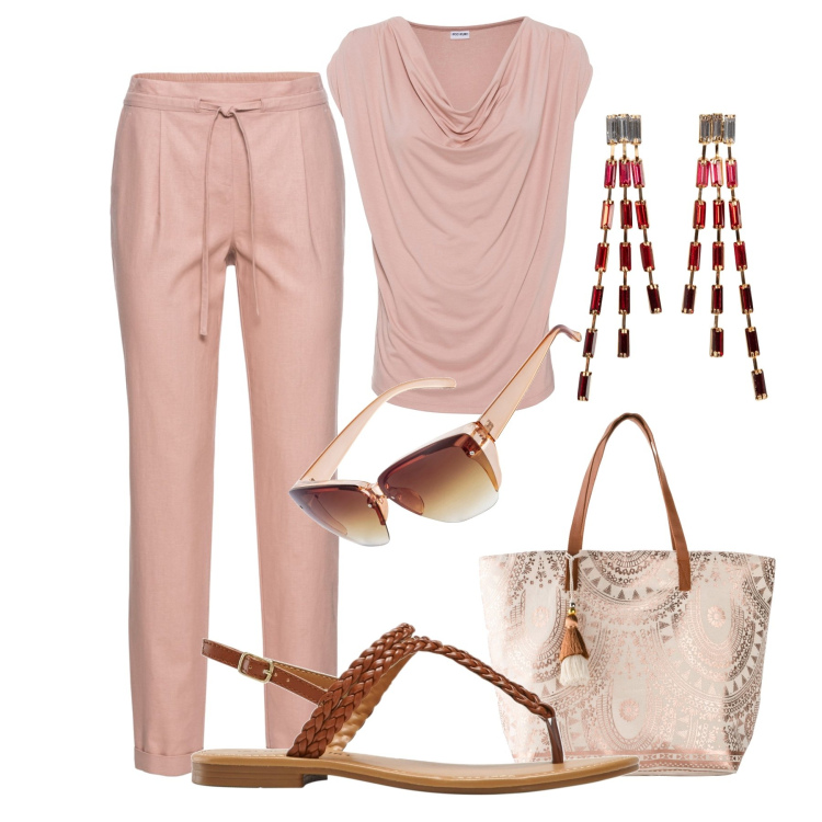 Outfit donna - Primo giorno di ferie in libertà. Stile Trendy per Tutti i giorni. Abbinamento con pantaloni, maglieria, occhiali da sole, orecchini, ciabatte, shopping bag.
