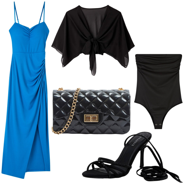 Outfit donna - L\'intimo invisibile. Stile Glamour per Serata fuori. Abbinamento con borse a tracolla, body, vestiti lunghi, blazer, sandali alla schiava.