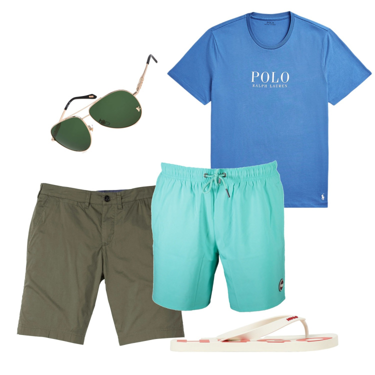 Outfit uomo - Al mare. Stile Casual per Mare. Abbinamento con bermuda, t-shirt, occhiali da sole, costumi, sandali.