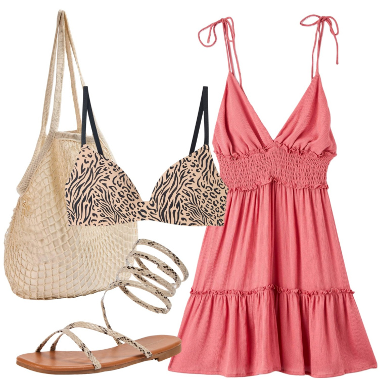 Outfit donna - Vacanze in riviera. Stile Casual per Mare. Abbinamento con reggiseni, vestiti corti, borse a spalla, sandali.