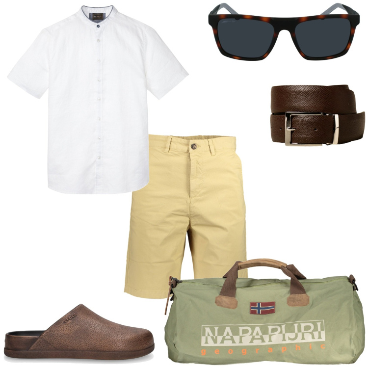 Outfit uomo - Parto per il week-end. Stile Casual per Tutti i giorni. Abbinamento con camicie a manica corta, borse sportive, cinture, occhiali da sole, bermuda, pantofole.