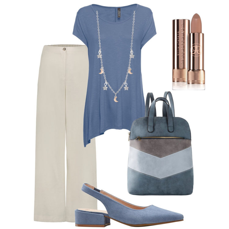 Outfit donna - Pranzo con le amiche. Stile Minimal per Tutti i giorni. Abbinamento con décolleté, maglieria, zaini, rossetti, collane, pantaloni.