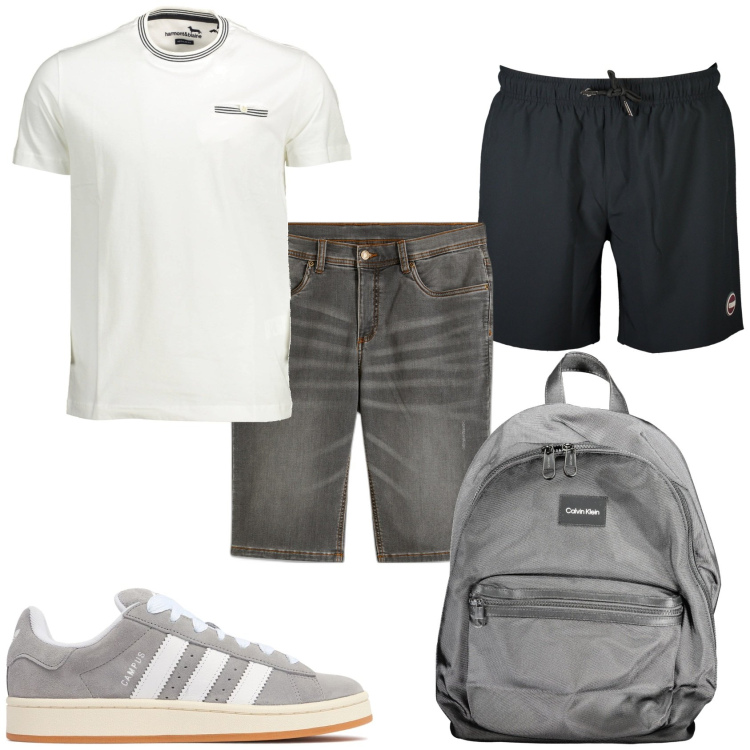Outfit uomo - Dalla mattina alla sera. Stile Urban per Mare. Abbinamento con bermuda, t-shirt, costumi, borse sportive, sneakers.