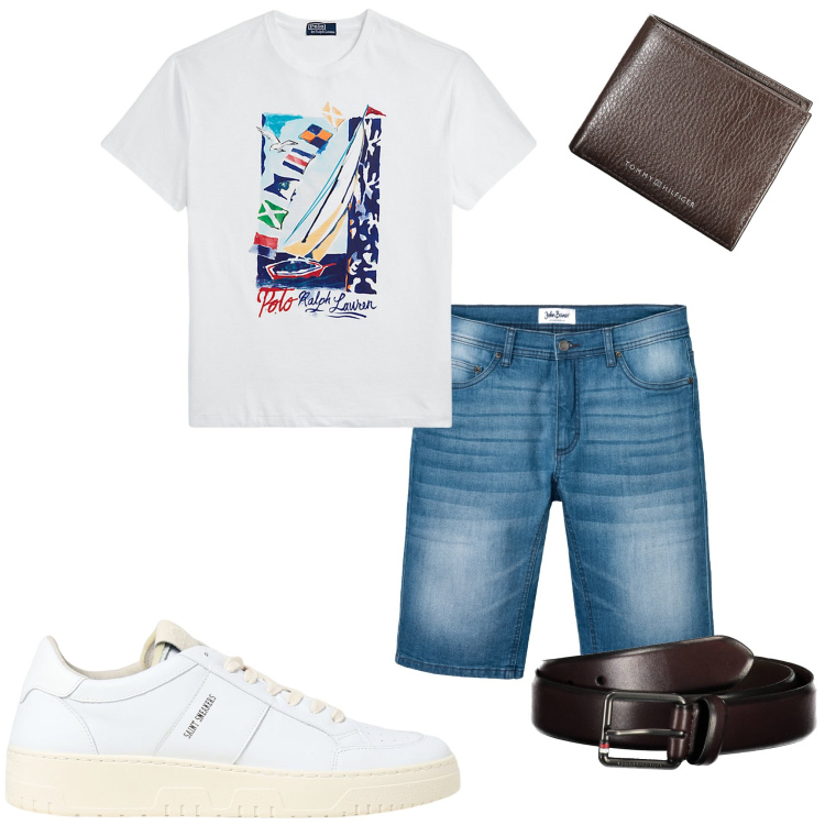 Outfit uomo - Al centro sportivo. Stile Casual per Sport. Abbinamento con bermuda, t-shirt, cinture, portafogli, sneakers.