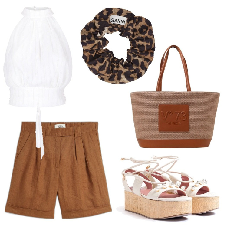 Outfit donna - Serata pizza. Stile Casual chic per Mare. Abbinamento con bermuda, bluse, sandali col tacco, borse a spalla, accessori per capelli.
