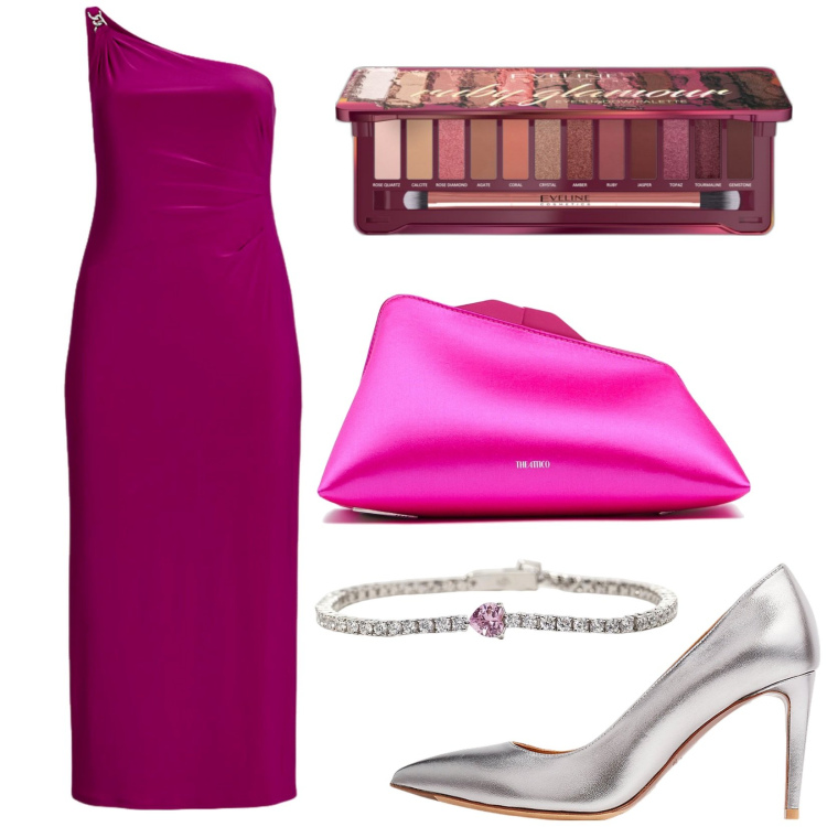 Outfit donna - Total look #1927626. Stile Glamour per Cerimonia. Abbinamento con ombretti, braccialetti, vestiti asimmetrici, décolleté, pochette.