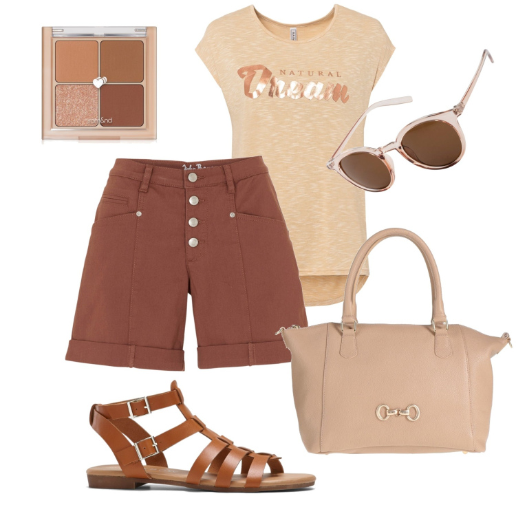 Outfit donna - Colori della terra. Stile Sporty chic per Tutti i giorni. Abbinamento con occhiali da sole, maglieria, shorts, sandali, borse a mano, ombretti.