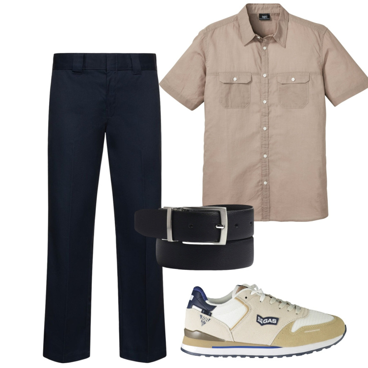 Outfit uomo - In centro. Stile Casual per Tutti i giorni. Abbinamento con camicie a manica corta, pantaloni, cinture, sneakers.
