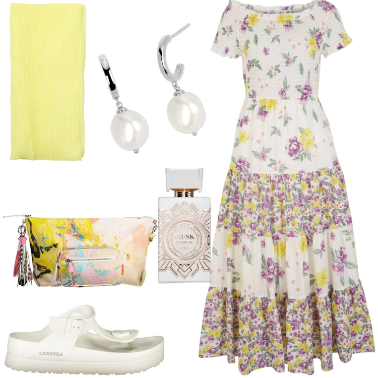 Outfit donna - Total look #1927656. Stile Casual per Tutti i giorni. Abbinamento con vestiti, profumi, orecchini, infradito, borse a tracolla, sciarpe.