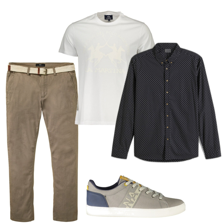Outfit uomo - Camicia sulla tshirt. Stile Casual per Serata speciale. Abbinamento con pantaloni chino, camicie, t-shirt, sneakers.