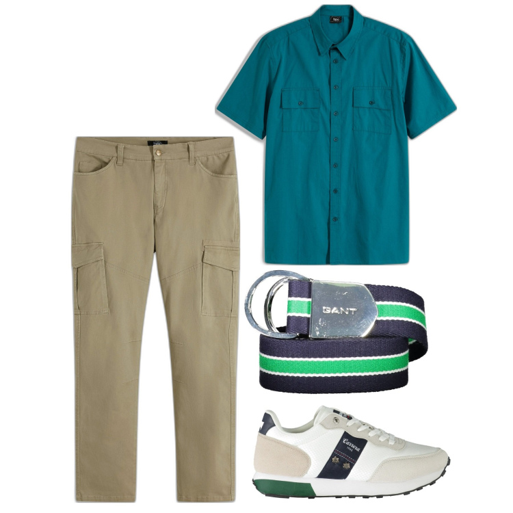 Outfit uomo - Petrolio. Stile Casual per Tutti i giorni. Abbinamento con camicie a manica corta, pantaloni cargo, cinture, sneakers.