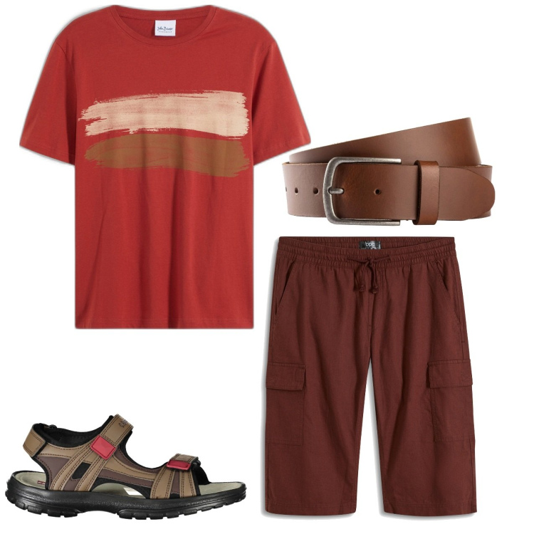 Outfit uomo - Rosso tramonto. Stile Urban per Tutti i giorni. Abbinamento con cinture, t-shirt, bermuda, sandali.
